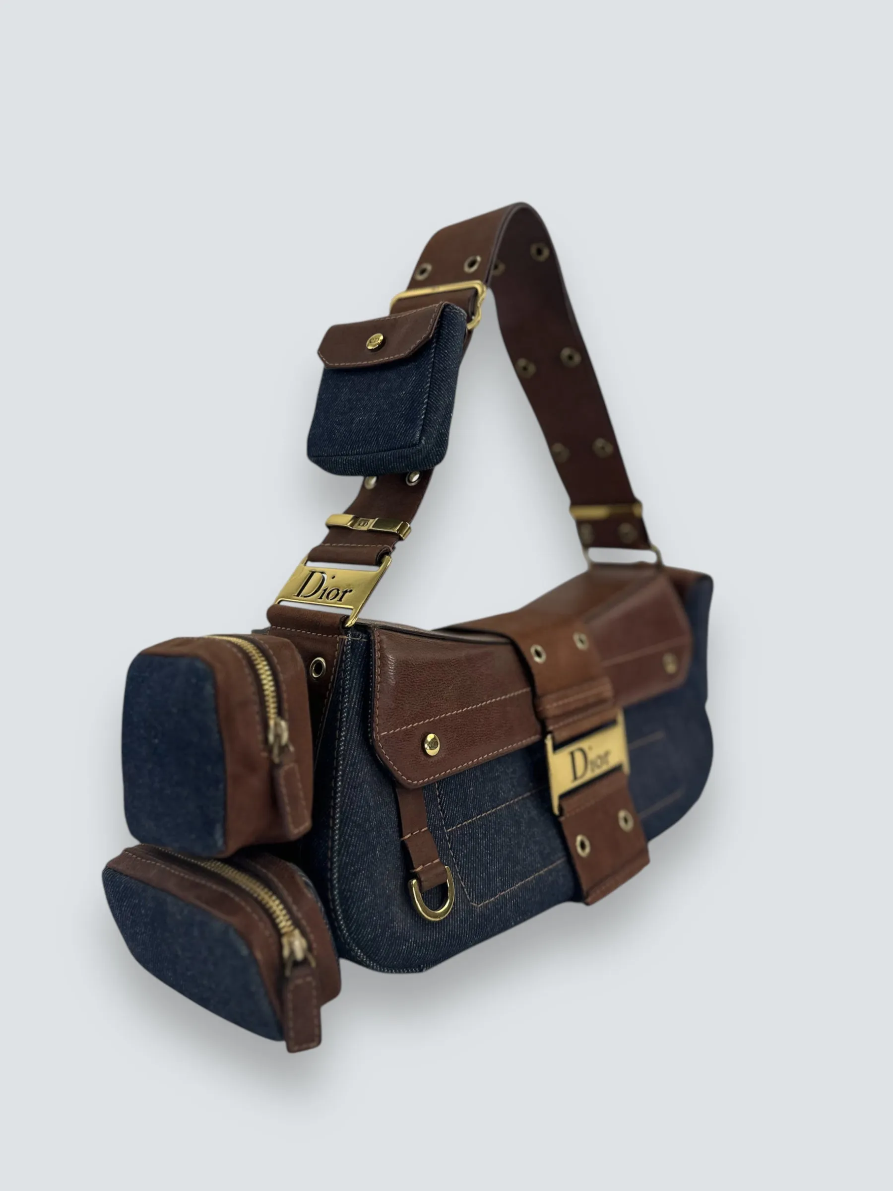 Christian Dior Denim & Brown Leather Columbus Shoulder Bag