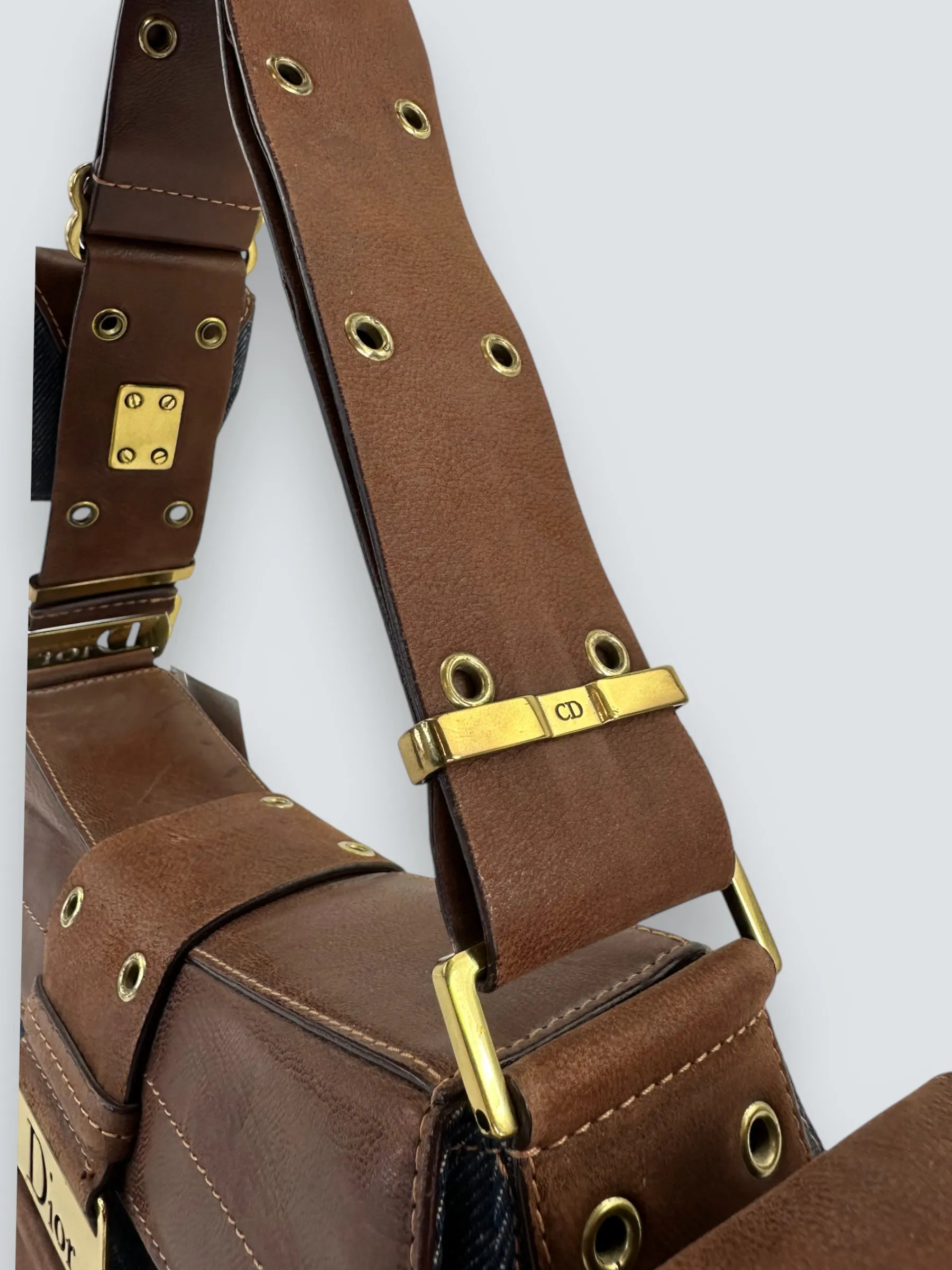 Christian Dior Denim & Brown Leather Columbus Shoulder Bag