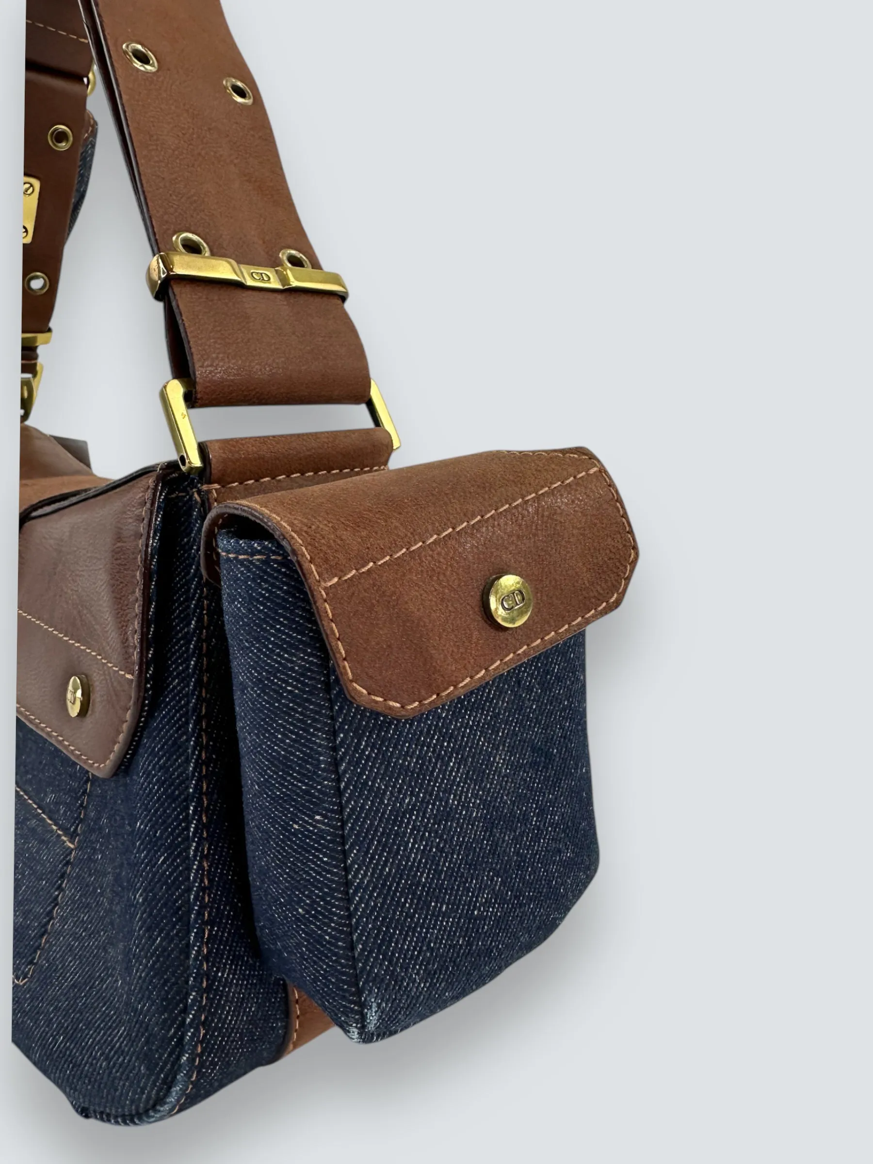 Christian Dior Denim & Brown Leather Columbus Shoulder Bag