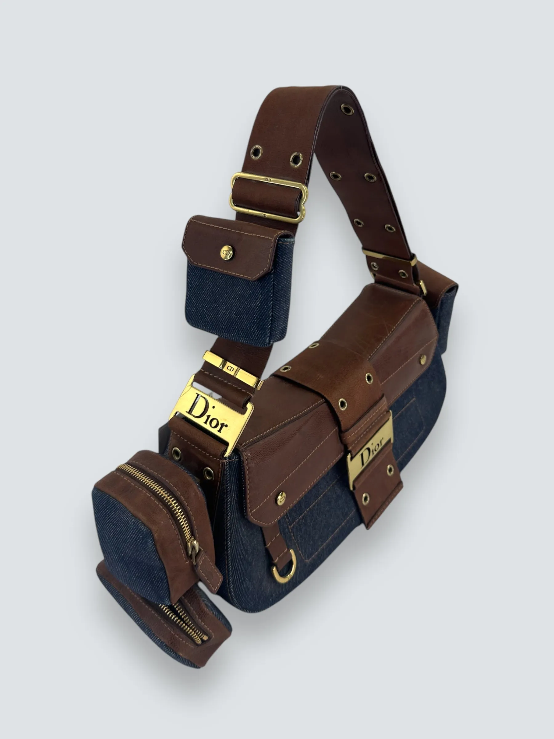Christian Dior Denim & Brown Leather Columbus Shoulder Bag