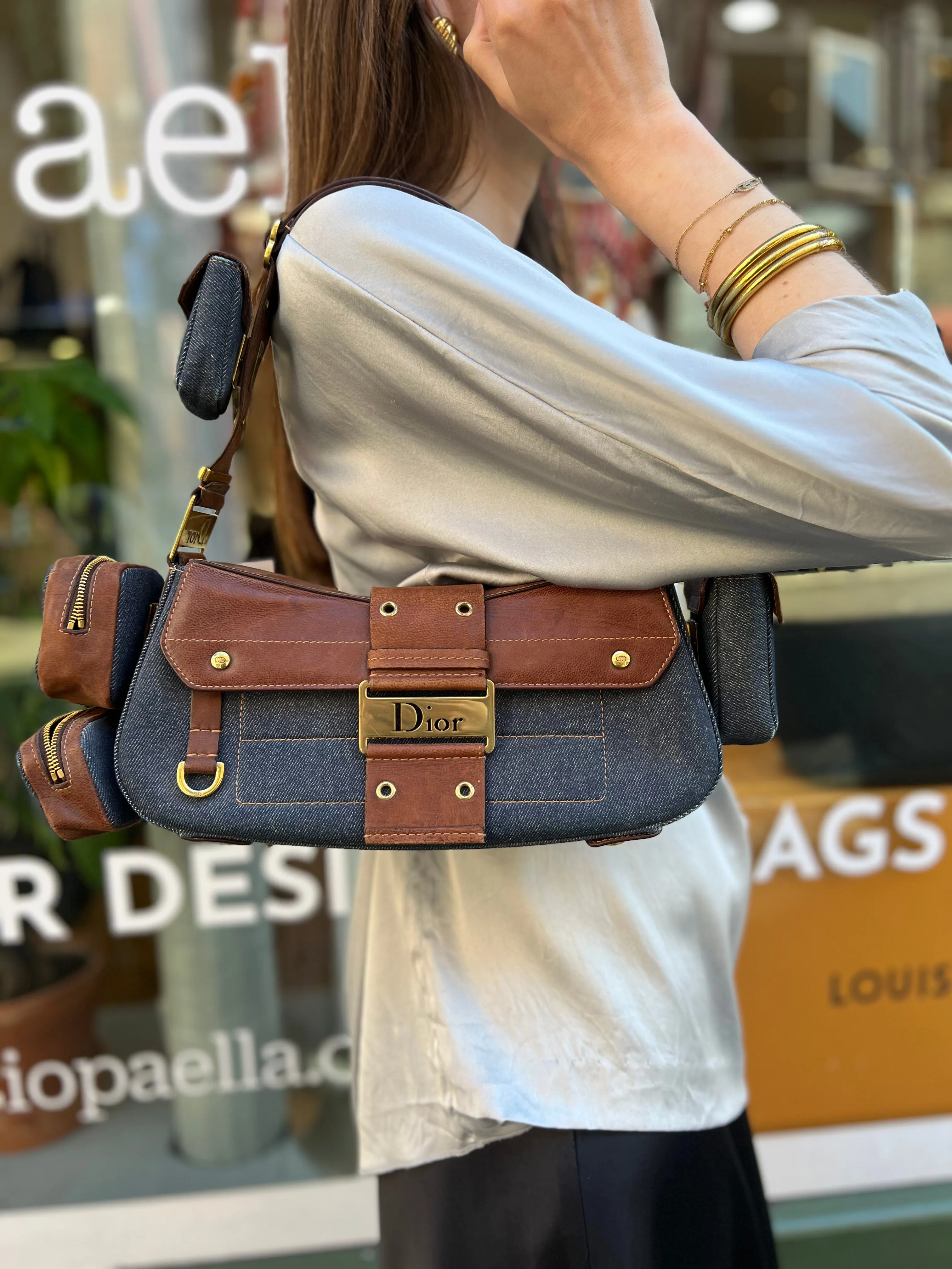 Christian Dior Denim & Brown Leather Columbus Shoulder Bag
