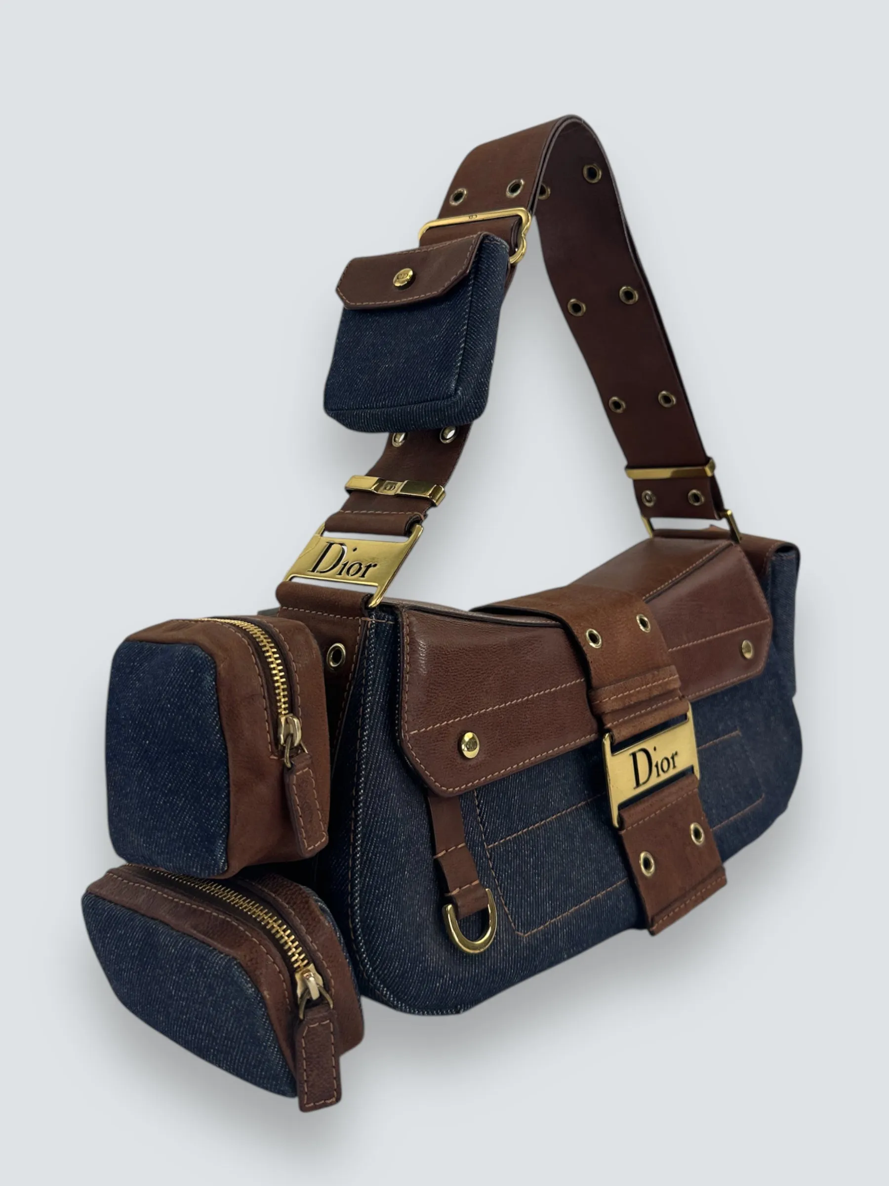 Christian Dior Denim & Brown Leather Columbus Shoulder Bag