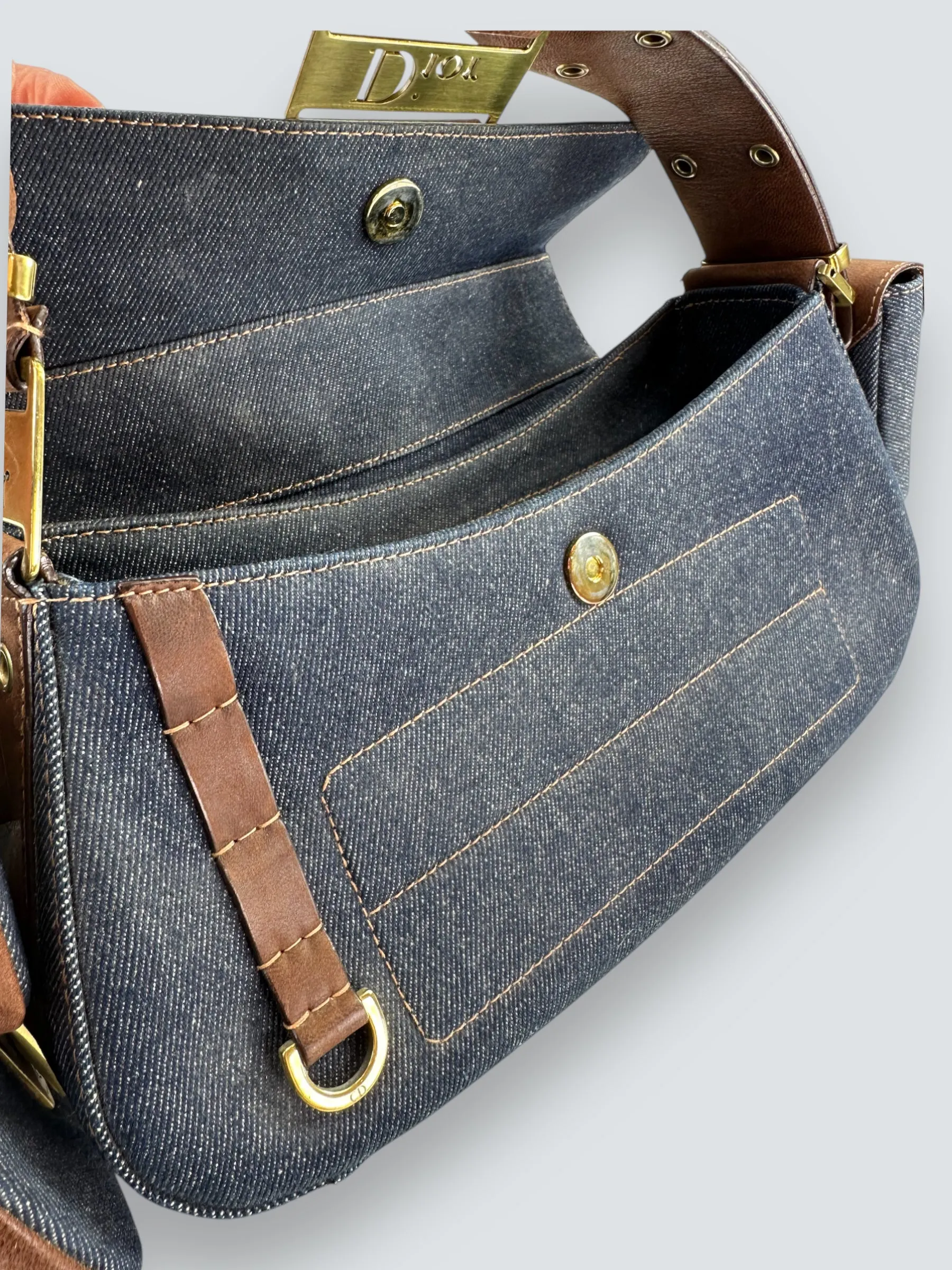 Christian Dior Denim & Brown Leather Columbus Shoulder Bag