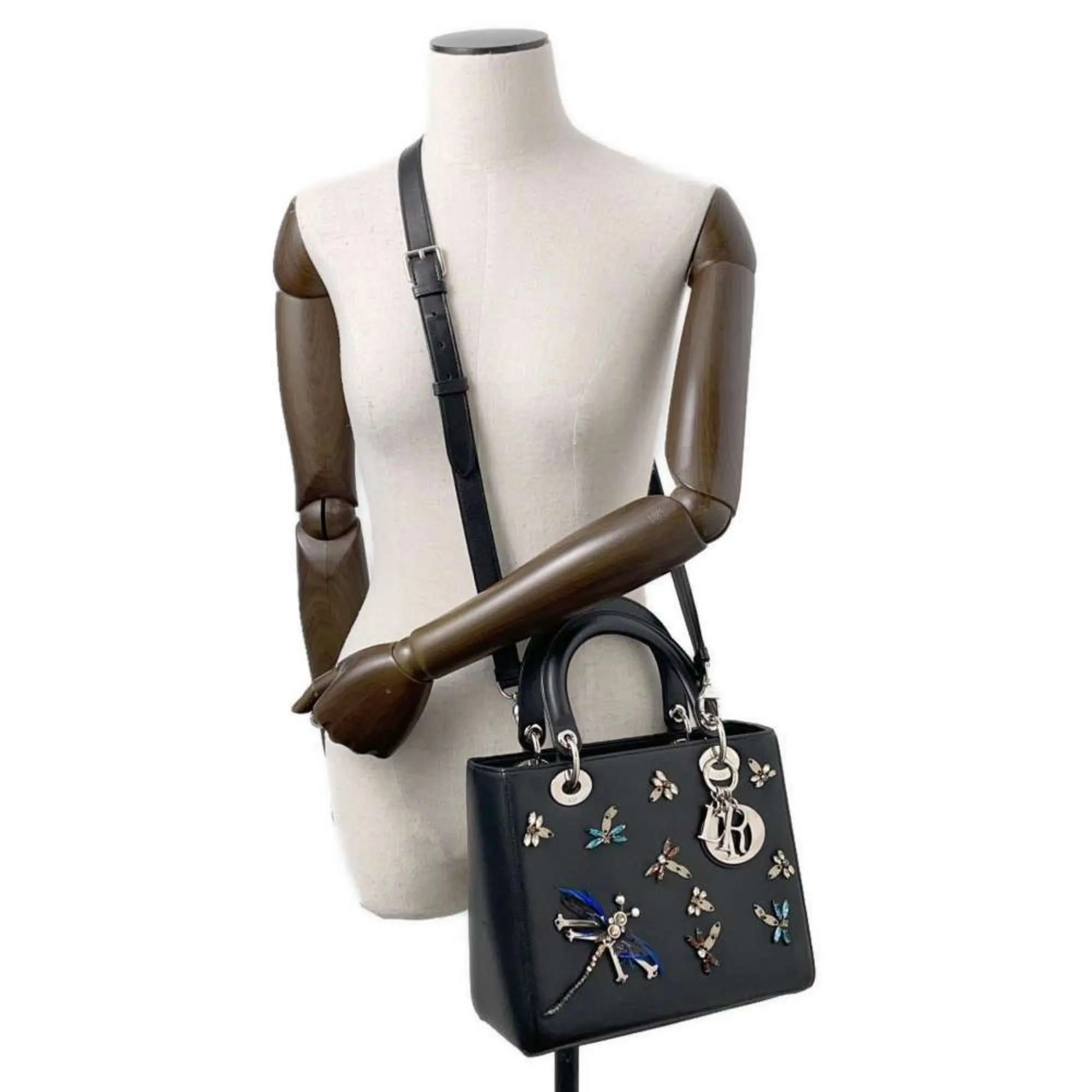 Christian Dior Lady Dior Leather Rhinestone Handbag (Pre-Owned)