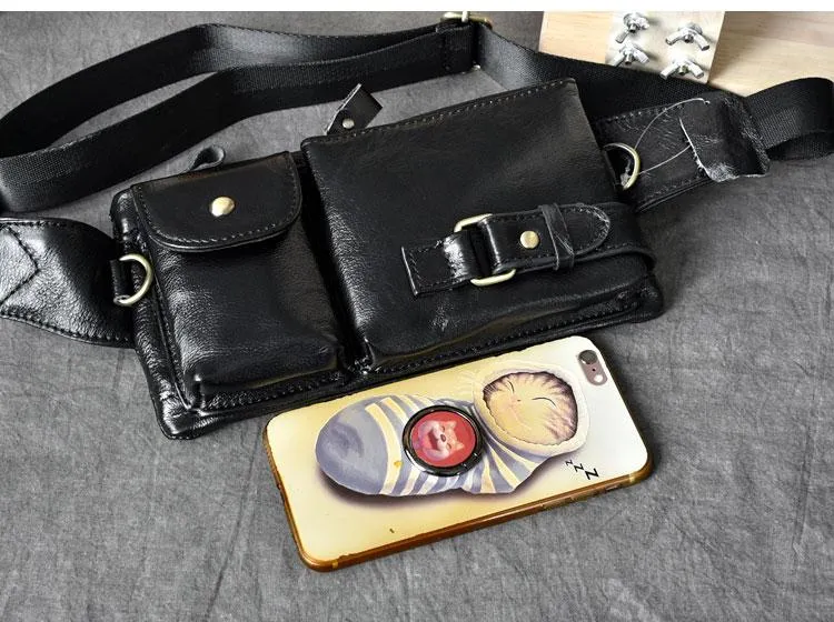 Cool Black Leather Fanny Pack Mens Waist Bag Hip Black Pack Bumbag for Men