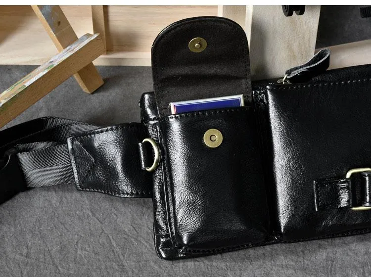 Cool Black Leather Fanny Pack Mens Waist Bag Hip Black Pack Bumbag for Men