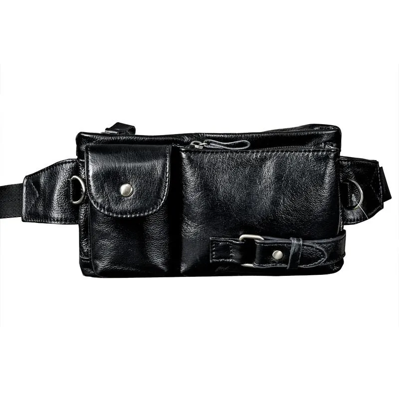 Cool Black Leather Fanny Pack Mens Waist Bag Hip Black Pack Bumbag for Men