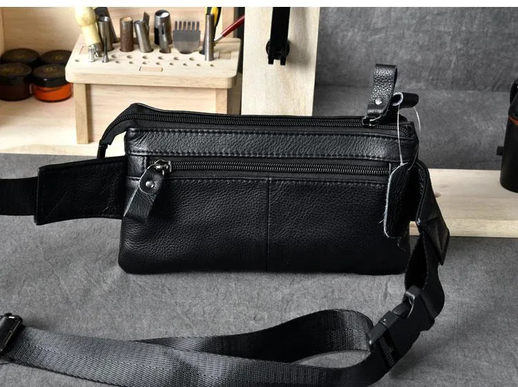 Cool Black Leather Fanny Pack Mens Waist Bag Hip Black Pack Bumbag for Men