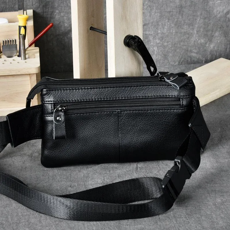 Cool Black Leather Fanny Pack Mens Waist Bag Hip Black Pack Bumbag for Men