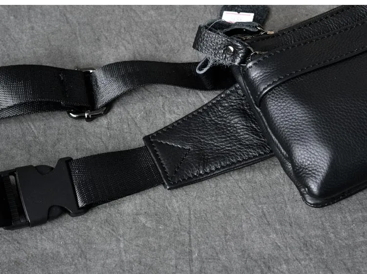 Cool Black Leather Fanny Pack Mens Waist Bag Hip Black Pack Bumbag for Men