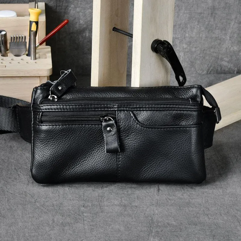 Cool Black Leather Fanny Pack Mens Waist Bag Hip Black Pack Bumbag for Men