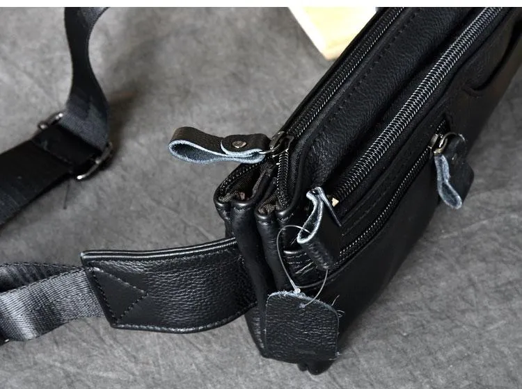 Cool Black Leather Fanny Pack Mens Waist Bag Hip Black Pack Bumbag for Men