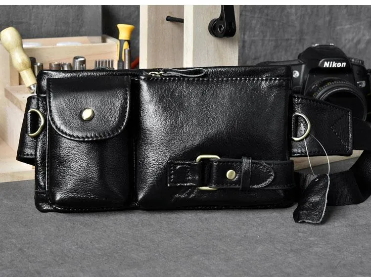 Cool Black Leather Fanny Pack Mens Waist Bag Hip Black Pack Bumbag for Men