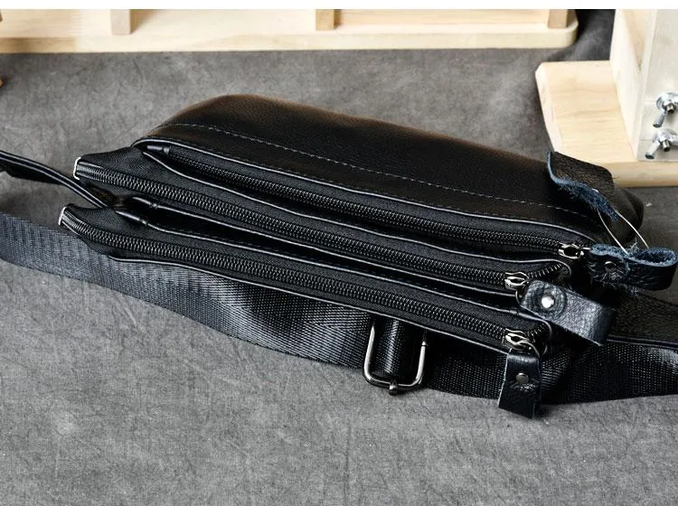 Cool Black Leather Fanny Pack Mens Waist Bag Hip Black Pack Bumbag for Men