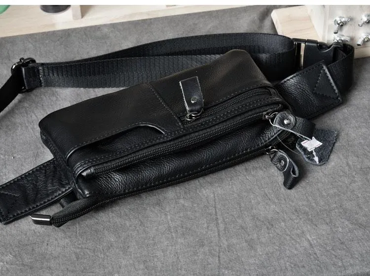 Cool Black Leather Fanny Pack Mens Waist Bag Hip Black Pack Bumbag for Men