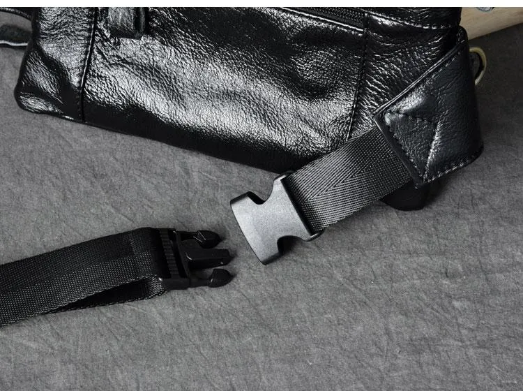 Cool Black Leather Fanny Pack Mens Waist Bag Hip Black Pack Bumbag for Men
