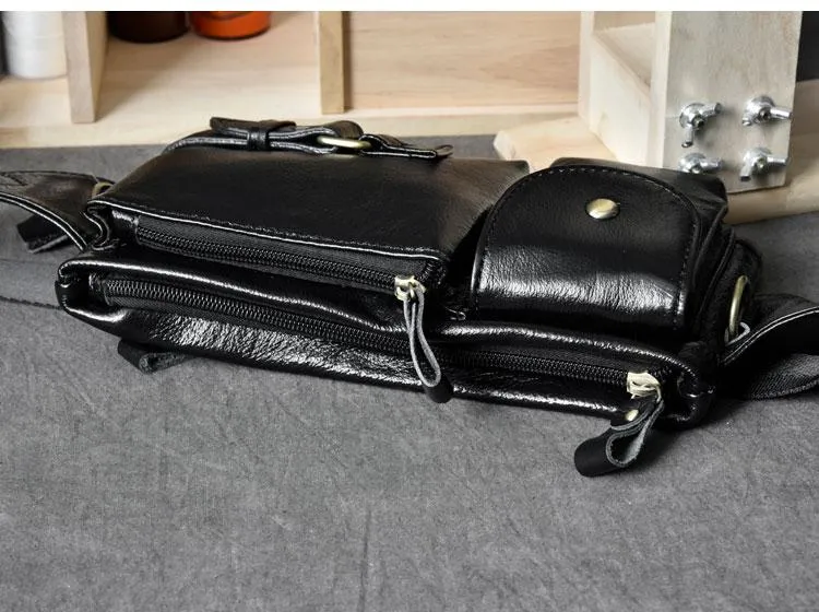 Cool Black Leather Fanny Pack Mens Waist Bag Hip Black Pack Bumbag for Men