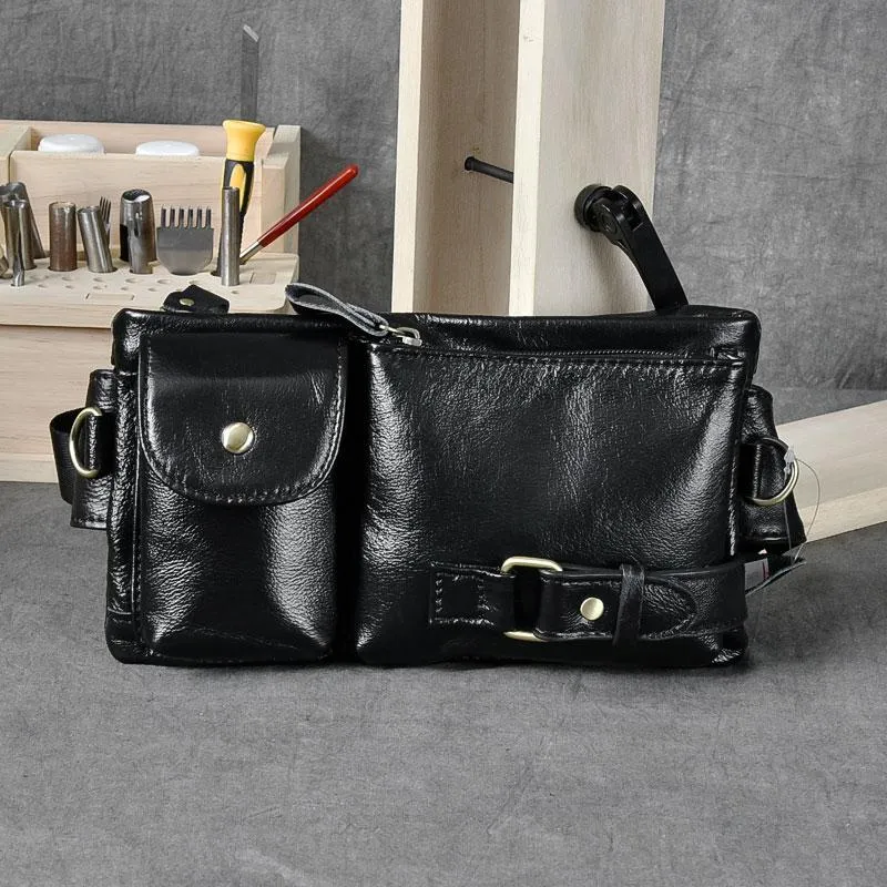 Cool Black Leather Fanny Pack Mens Waist Bag Hip Black Pack Bumbag for Men