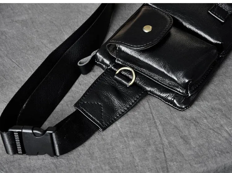 Cool Black Leather Fanny Pack Mens Waist Bag Hip Black Pack Bumbag for Men