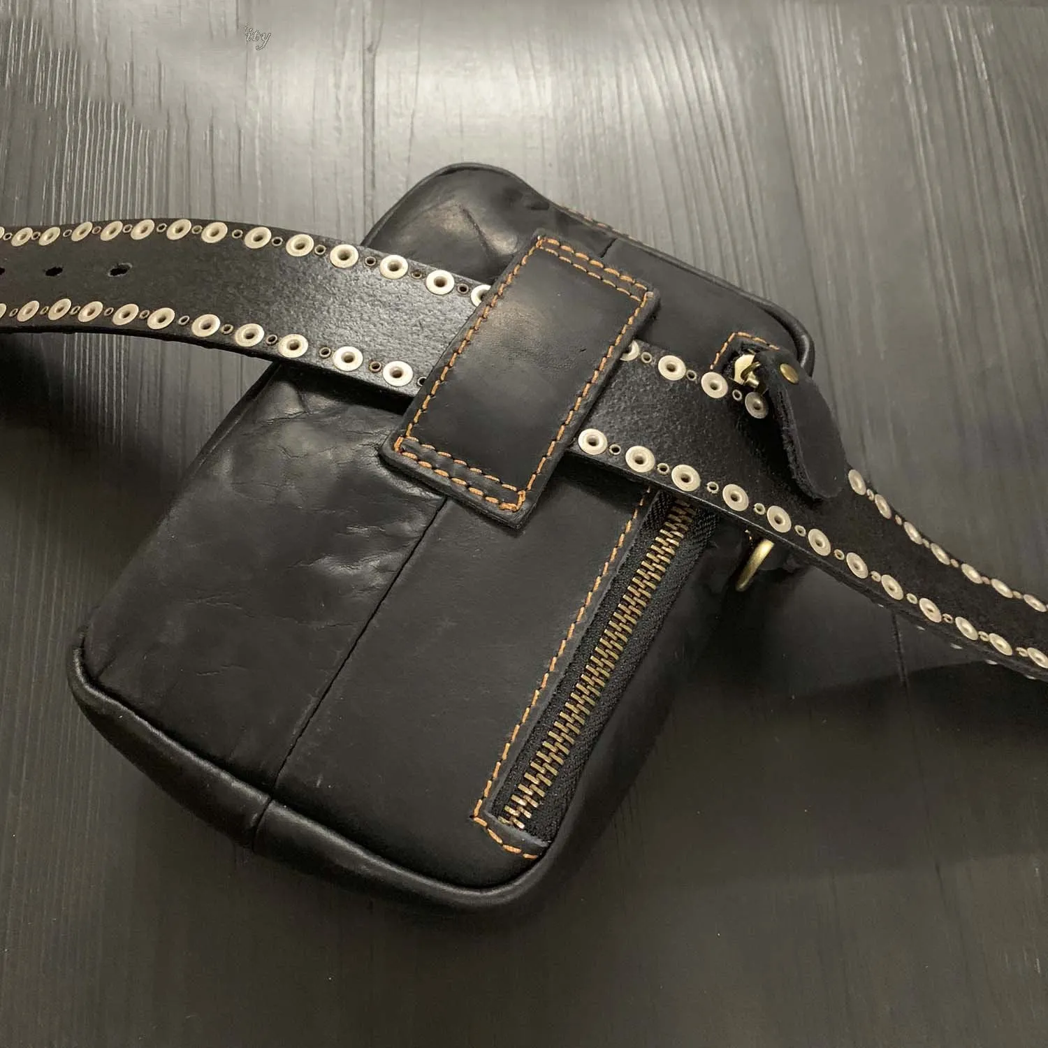 Cool Black Leather Men's Biker Belt Pouch Waist Belt Bag Small Biker Side Bag For Men