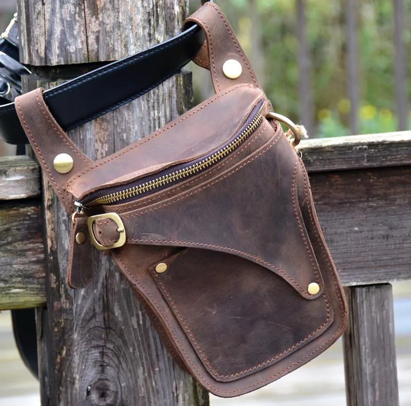 Cool Brown Leather Men's Belt Bag Waist Bag Motorcycle Bag Belt Pouch For Men