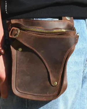 Cool Brown Leather Men's Belt Bag Waist Bag Motorcycle Bag Belt Pouch For Men