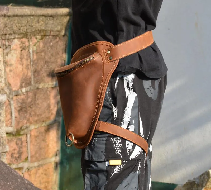 Cool Brown Leather Men's Belt Pouch Belt Bag Drop Leg Bag Waist Bag For Men
