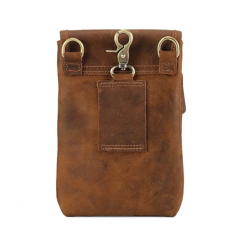 Cool Brown Leather Mens Belt Pouch Mini Shoulder Bag Waist Bags For Men