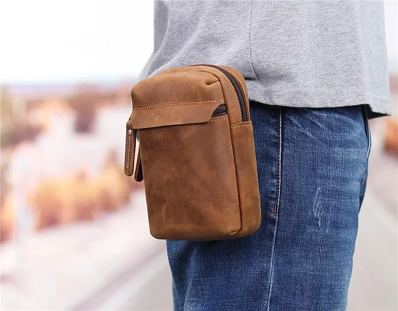 Cool Brown Leather Men's Cell Phone Holster Brown Belt Bag Waist Bag Belt Pouch For Men
