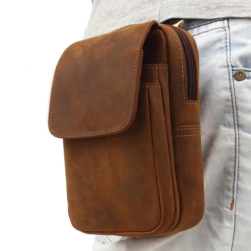 Cool Brown Leather Men's Cell Phone Holster Brown Belt Bag Waist Belt Pouch For Men