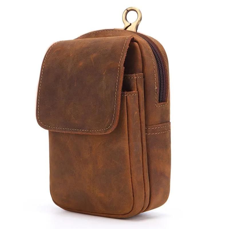 Cool Brown Leather Men's Cell Phone Holster Brown Belt Bag Waist Belt Pouch For Men