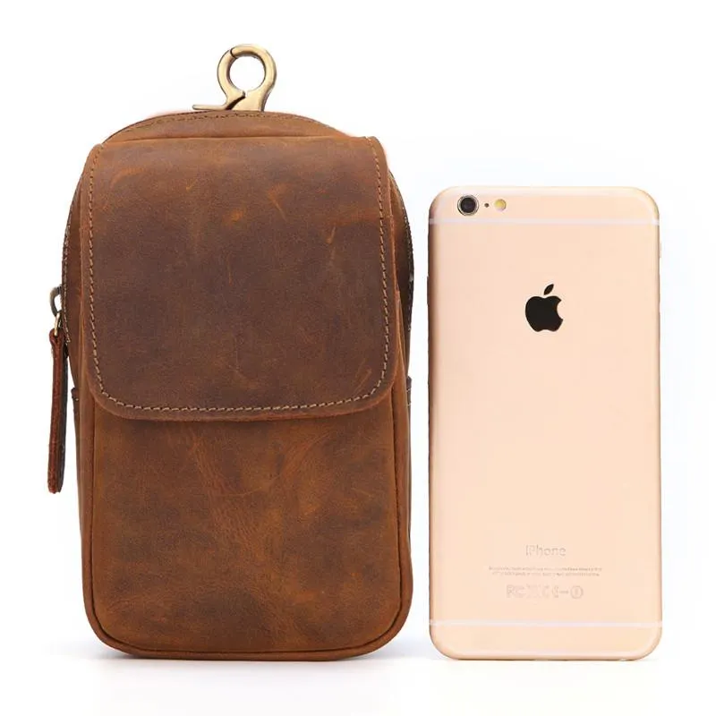 Cool Brown Leather Men's Cell Phone Holster Brown Belt Bag Waist Belt Pouch For Men