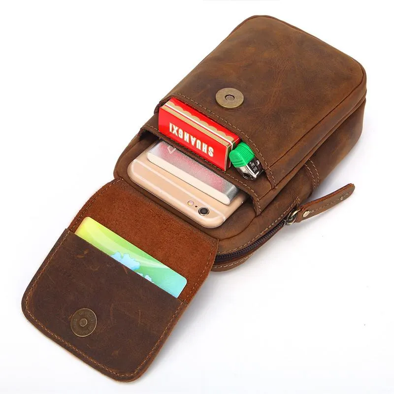 Cool Brown Leather Men's Cell Phone Holster Brown Belt Bag Waist Belt Pouch For Men