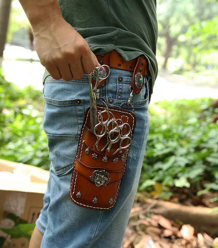 Cool Brown Leather Mens Hairstylist Tool case Barber Pouch Waist Bag Fanny Pouch for Men
