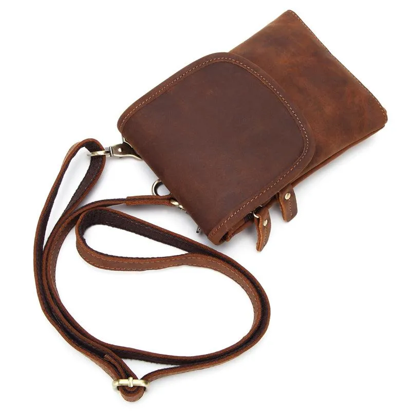 Cool Brown Leather Mens Mini Shoulder Bag Waist Belt Pouch Belt Bags For Men