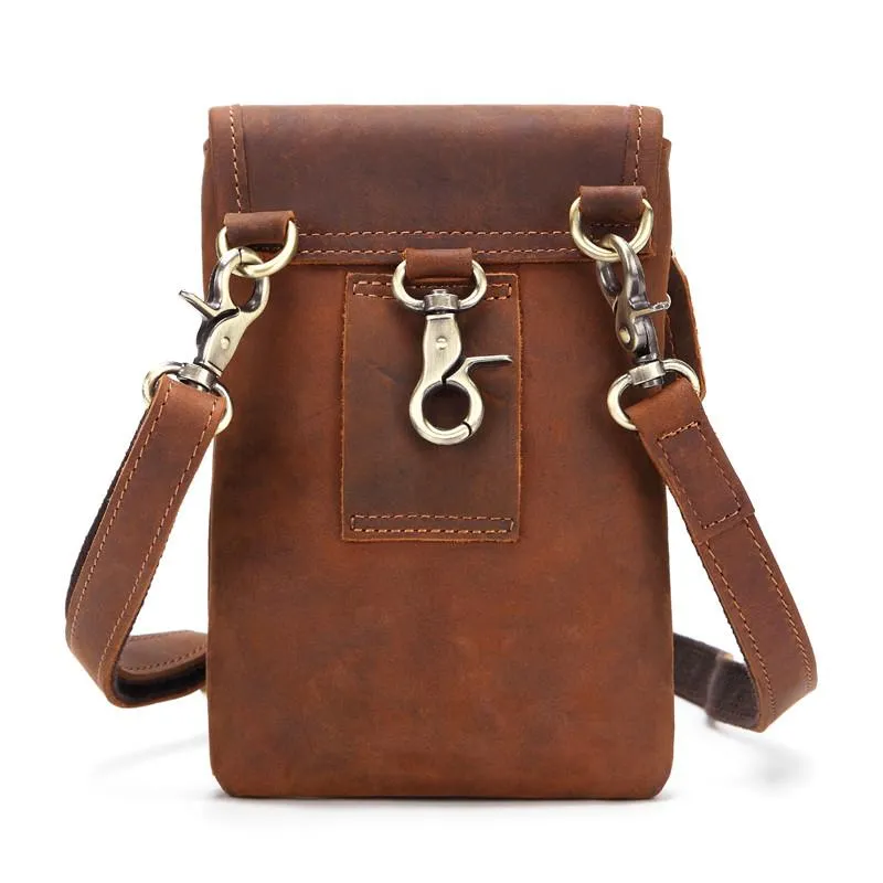 Cool Brown Leather Mens Mini Shoulder Bag Waist Belt Pouch Belt Bags For Men