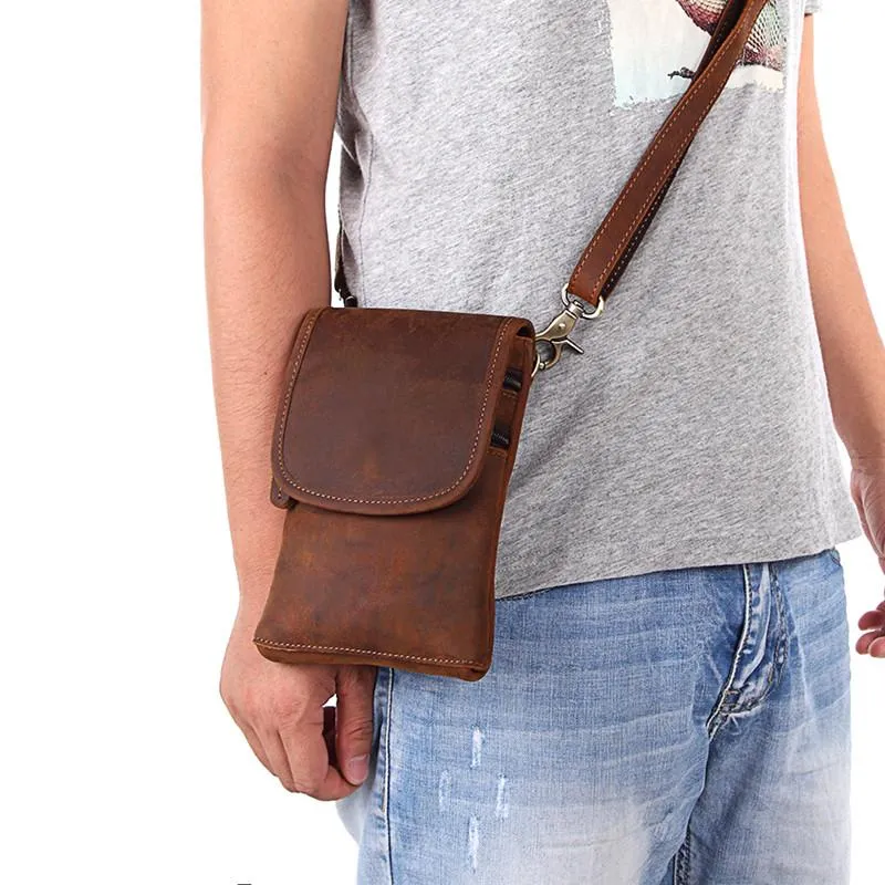 Cool Brown Leather Mens Mini Shoulder Bag Waist Belt Pouch Belt Bags For Men