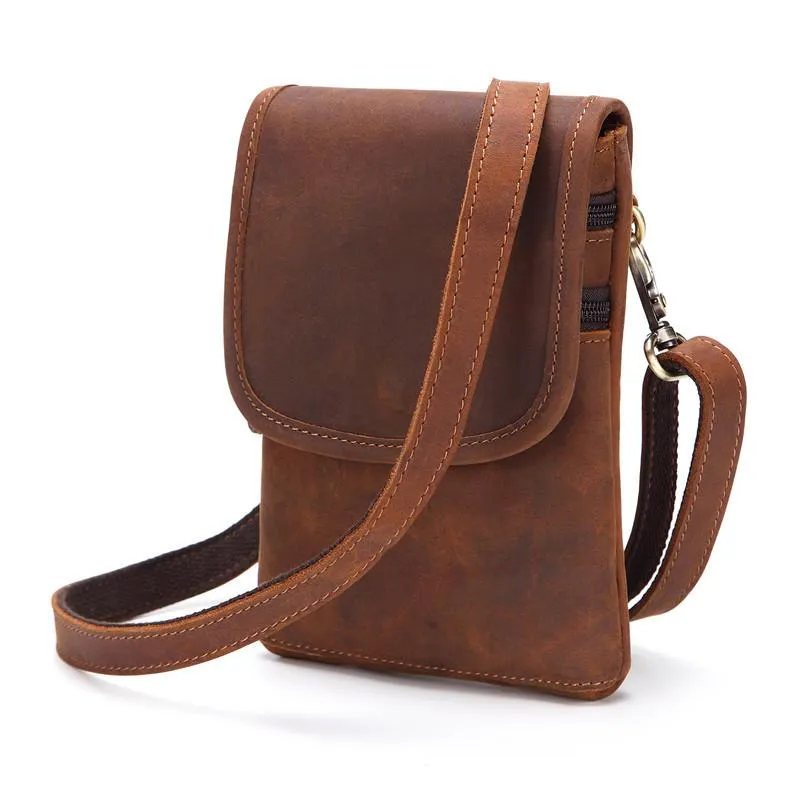 Cool Brown Leather Mens Mini Shoulder Bag Waist Belt Pouch Belt Bags For Men
