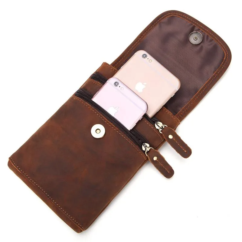 Cool Brown Leather Mens Mini Shoulder Bag Waist Belt Pouch Belt Bags For Men