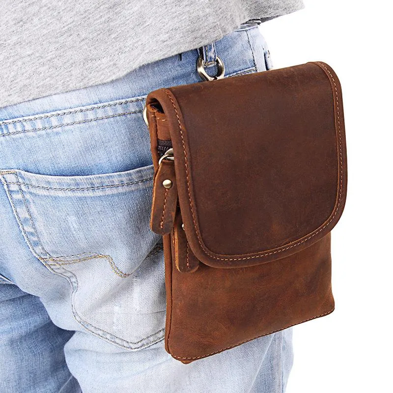 Cool Brown Leather Mens Mini Shoulder Bag Waist Belt Pouch Belt Bags For Men
