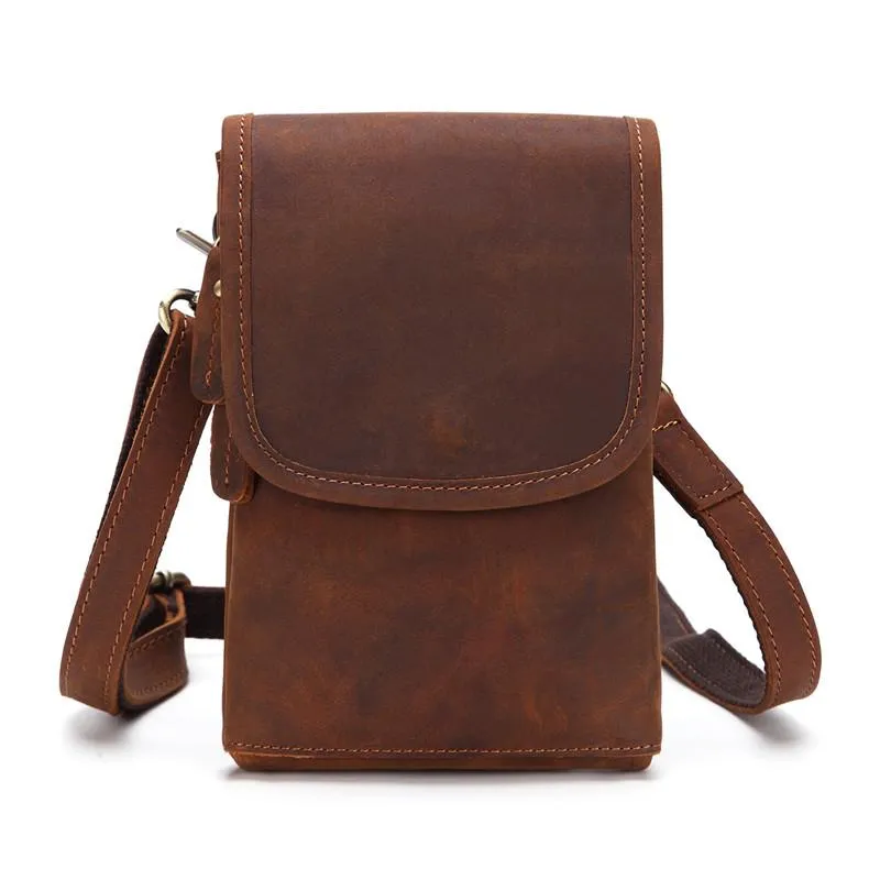 Cool Brown Leather Mens Mini Shoulder Bag Waist Belt Pouch Belt Bags For Men