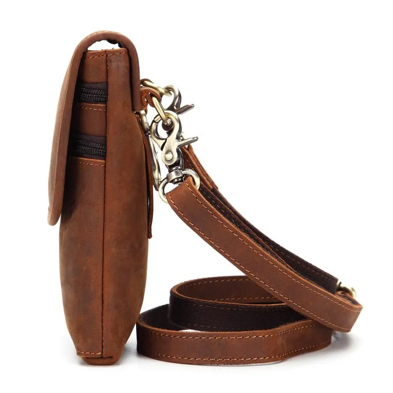 Cool Brown Leather Mens Mini Shoulder Bag Waist Belt Pouch Belt Bags For Men