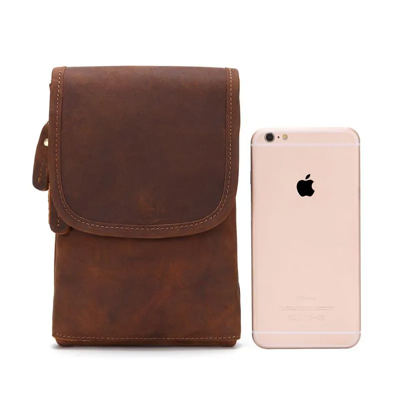Cool Brown Leather Mens Mini Shoulder Bag Waist Belt Pouch Belt Bags For Men