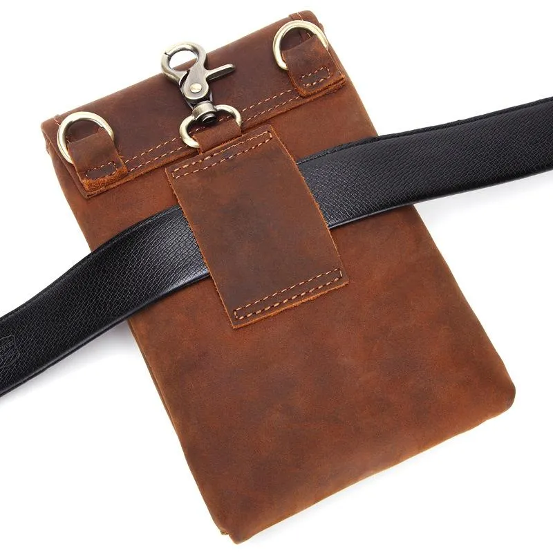 Cool Brown Leather Mens Mini Shoulder Bag Waist Belt Pouch Belt Bags For Men