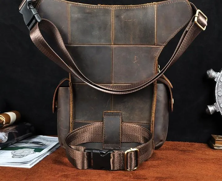 Cool Dark Brown Leather Mens Drop Leg Bag Belt Pouch Waist Bag Small Shoulder Bag For Men