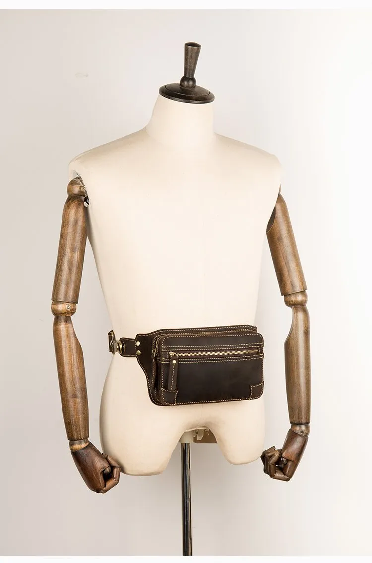 Cool Dark Brown Leather Mens Fanny Pack Waist Bag Hip Pack Belt Bags Bumbags for Men