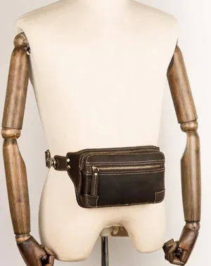 Cool Dark Brown Leather Mens Fanny Pack Waist Bag Hip Pack Belt Bags Bumbags for Men