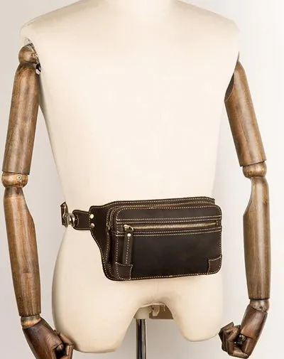 Cool Dark Brown Leather Mens Fanny Pack Waist Bag Hip Pack Belt Bags Bumbags for Men