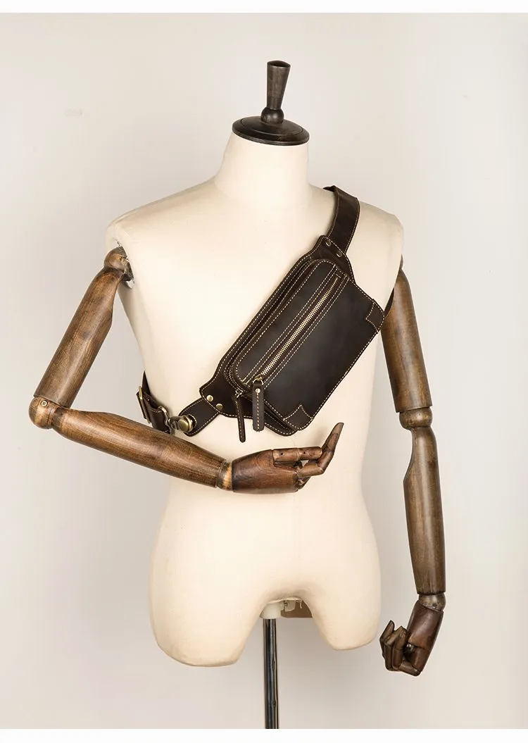Cool Dark Brown Leather Mens Fanny Pack Waist Bag Hip Pack Belt Bags Bumbags for Men