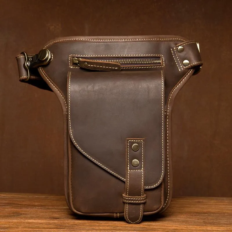 Cool Dark Brown Leather Small Side Bag Waist Bag Messenger Bags Fanny Pack for Men